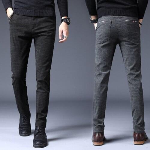 2019 Fashion Men Pants Slim Fit High Quality Autumn Winter thick Business stripes Flat Classic Full Length Casual Trousers male