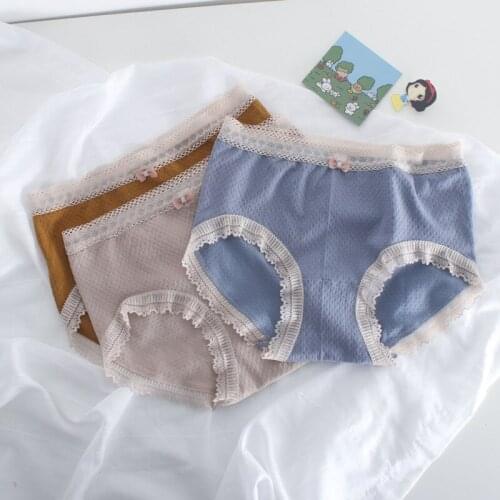 Solid Color Spring Womens Underwear French Coast Lace Edge Bow Middle Waist Panties For Girl Seamless Breathable Brief Lingerie