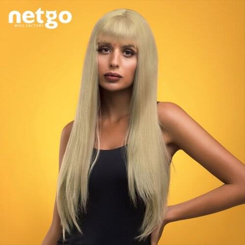 Netgo Ash Blonde Long Straight Synthetic Hair Wigs With Bangs Heat Resistant Fiber Wig for Black White Women Daily Costume Party
