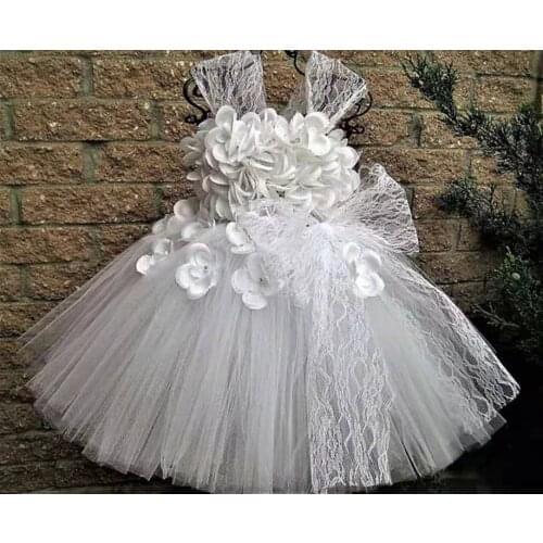 Girls White Lace Flower Petals Tutu Dress Kids Crochet Tulle Dress Ball Gown with Big Bow Children Wedding Party Costume Dresses
