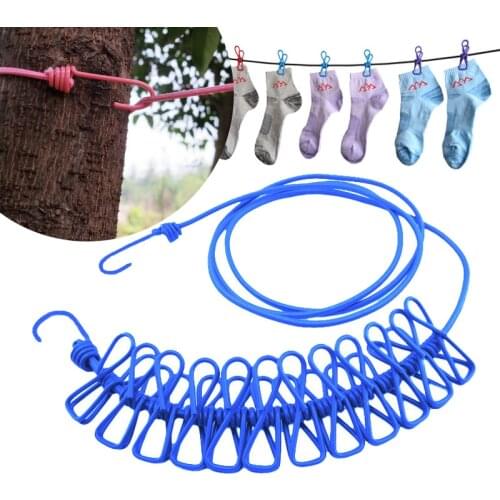 Portable Travel Stretchy Clothesline Outdoor Camping Windproof Clothes Line With 12 Clamp Clips Hooks Outdoor Tool