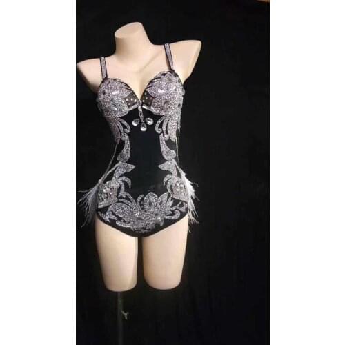 Flashing Silver Rhinestones See Through Mesh Bodysuit Feather Tail Outfit Birthday Celebrate Nightclub Singer Dance Outfit