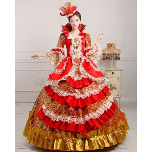 Luxury red&golden flowers ruffled flare sleeve medieval dress renaissance Gown princess cosplay Victorian/belle ball gown