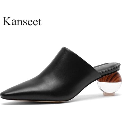 Kanseet 2021 Hot Sale New Women Shoes Summer Black White Genuine Leather Mules Fashion Design Elegant Handmade High Heel Slipper