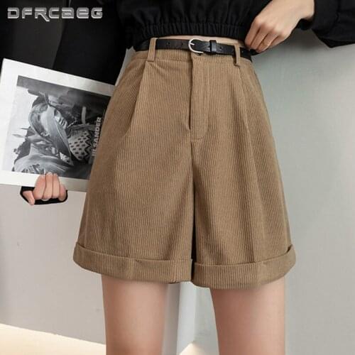 Khaki Vintage Corduroy Wide Leg Shorts Women Bermuda 2021 High Waist Autumn Winter Knee Length Short Trousers Ladies