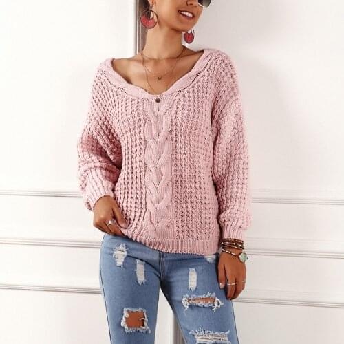 Ribbed Sweaters Autumn Winter Women Clothes Long Sleeve V Neck Pullovers Sweaters Knitted Pull Femme Vintage Sweater