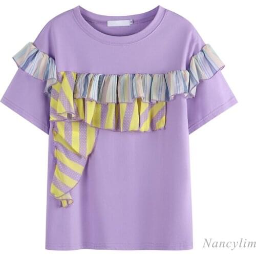 Striped Patchwork Ruffled Short Sleeve Round Neck Cotton T-shirt Female 2021 Summer Korean Style Loose Tops Purple
