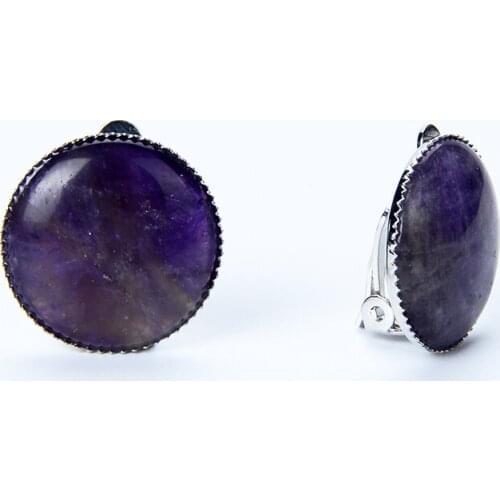 New Women Girls Round Natural Tiger Stone Green aventurine Purple Crystal Bead Clips Earrings for No Pierced Hole Ears Jewelry