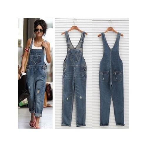 Women Loose Denim Jumpsuit Ladies Overalls Female Denim Ripped Holes Rompers 2020
