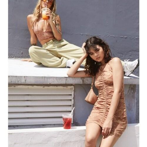 Women Summer Slim-fit Dress Adults Sleeveless Ruched Marble Print V-neck