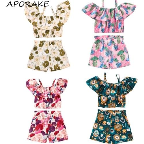 2021 0-6Y Kids Baby Girl Clothes Set Summer Sweet Floral Print Off Shoulder Ruffle Short Sleeve Crop Top+Shorts Holiday 2pcs