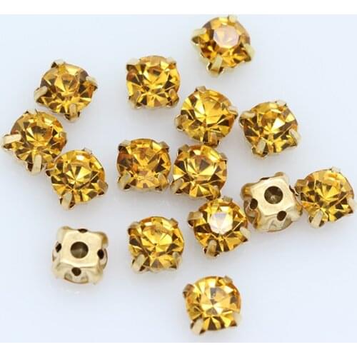 3/4/5/6/7/8/10mm Golden Crystal Round Rhinestones Flatback With Claw Sew On diamanté Stone For Clothes Wedding Dress Trims