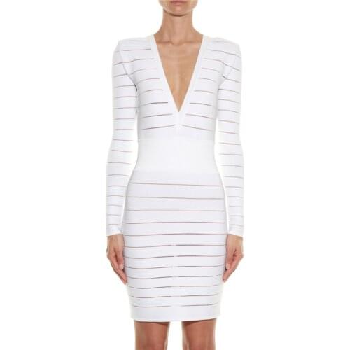 Bandage Dress 2020 New White Stripe Long Sleeve Bodycon Rayon Elegant Women Dress Night Party Dress