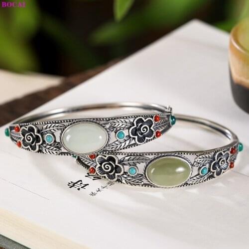 BOCAI 100% S925 Sterling Silver Bracelet Hetian Jasper Thai Silver Plum Blossom Pattern Pure Argentum Gemstone Womens Bangle