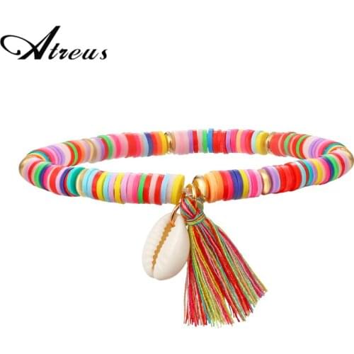 Colorful Tassel Shell Charms Bracelets Anklet Women Men Polymer Clay Round Beads Stretch Bracelet Friendship Beach Jewelry Gift