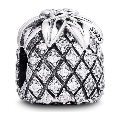 CKK 925 Sterling Silver Sparkling Pineapple, Clear Cz Charm Beads for Jewelry Making DIY for Women Fit Charms Bracelet 02025