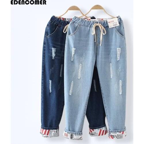 Large Size Summer Womens Jeans 2019 New Hole Vintage Loose Jeans Plus Blue Denim Do Old Bleched 4XL 5XL Ankle-Length Pants