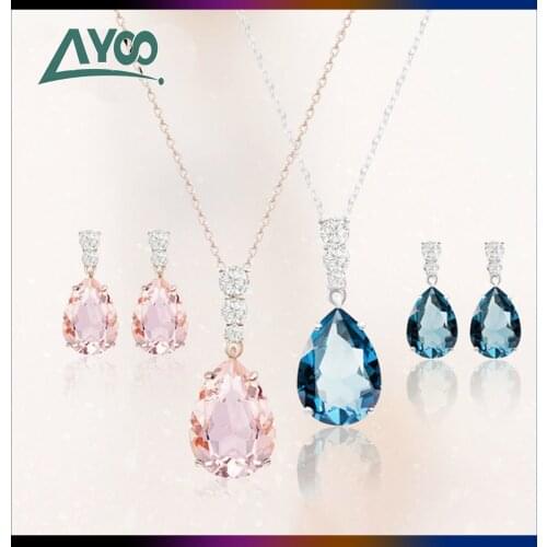SWA High Quality Sweet Fashion Romantic Blue Water Drop Pink Water Drop Female Necklace Water Drop Female Earring Necklace Set