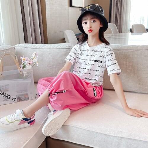 10 12 Year Baby Girl Summer O-Neck Costume Suit Children Korean Cute Suit Little Girl Letter Short Sleeve Outfits Two-piece Suit