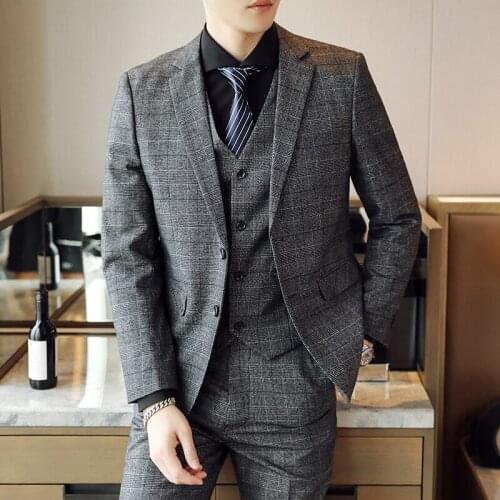 Jacket + Vest + Pants ) High-end Brand Fashion Plaid Casual Business Suit 3 Pcs Set Groom Wedding Dress Show Male Suit Gray