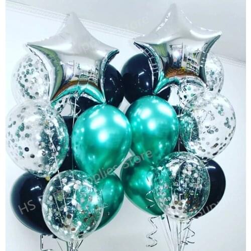 20pcs/set metal green balloon 18inch silver star foil balloon 12inch silver confetti balloons black latex birthday party wedding
