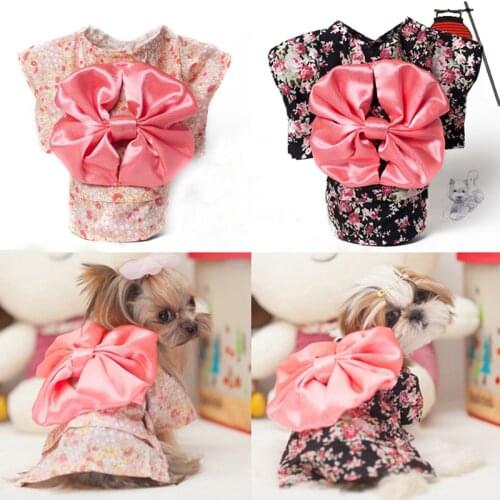 Cute Bowknot Pet Dog Puppy Kimono Apparel Costume Skirt Dress Clothing Cherry Floral Pringted Dog Clothes Teddy Chihuahua Poodle
