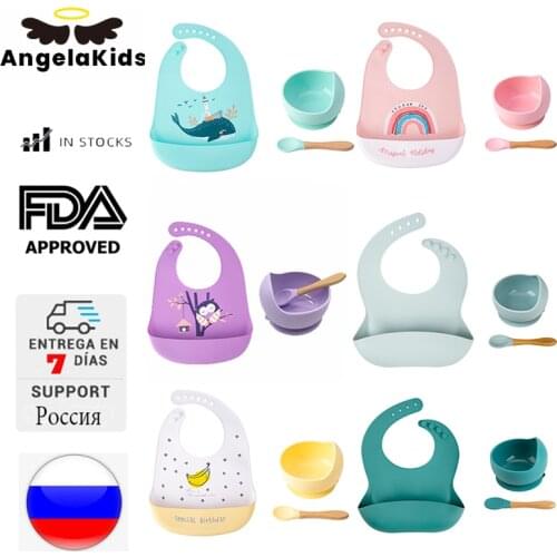 AngelaKids Silicone Baby Feeding Bowl Tableware Waterproof Spoon Non-Slip crockery BPA Free Silicone Dishes For Baby Bowl Plate