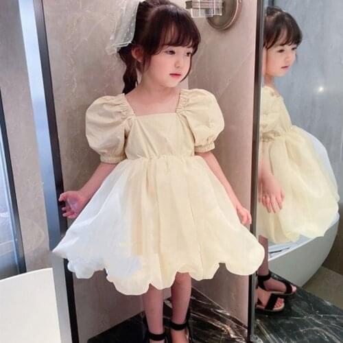 Pleated Dress for Kids 2021 Fashion Summer Clothing Square Collar Girls Party Dress Lantern Sleeve Knee-Length Layered Dress