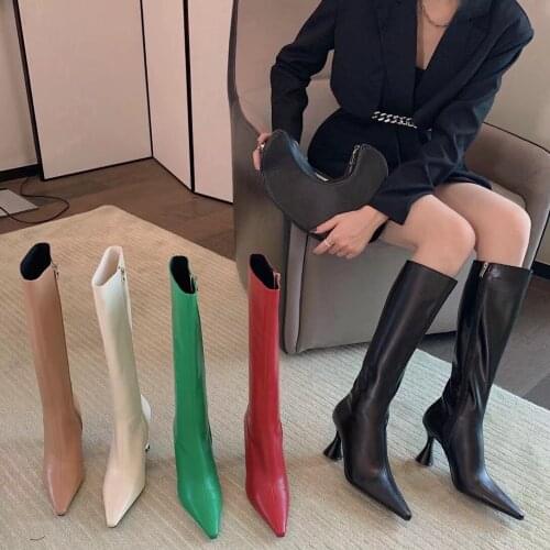 Fashion Women Stretch Boots Pointed Toe Thin High Heels Solid Color Side Zipper Knee High Boots Red Green Black Size 35-39