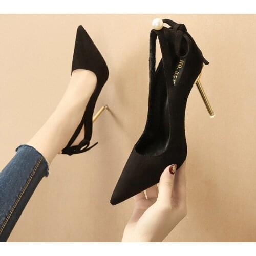 Korean Pointed Toe Hollow Bow Suede High Heels Stiletto Fairy Style Single Shoes Womens Pumps Ladies Dress Party Wedges Shoes