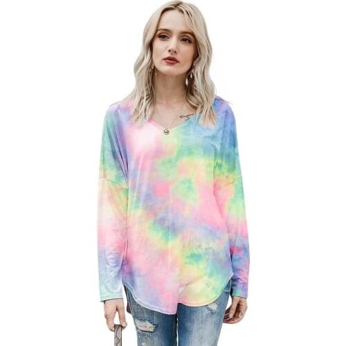 Tie Dye Long Sleeve Sexy T Shirt For Women 2021 Summer V-neck Plus Size Fashion Tshirt Ladies Tops Harajuku Tee Shirt Femme