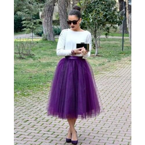 Preety Quality Tulle Skirt Purple Ribbon Elastic Waist High Street Mid Calf Length Skirt For Lady Women Formal Party Vestidos