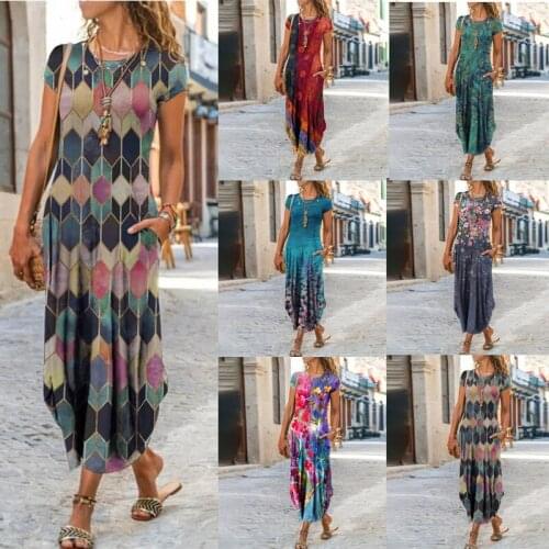 Women 3D Print Long Dress Elegant V Neck Short Sleeve Sundress Lady Dress Summer A-Line Dress
