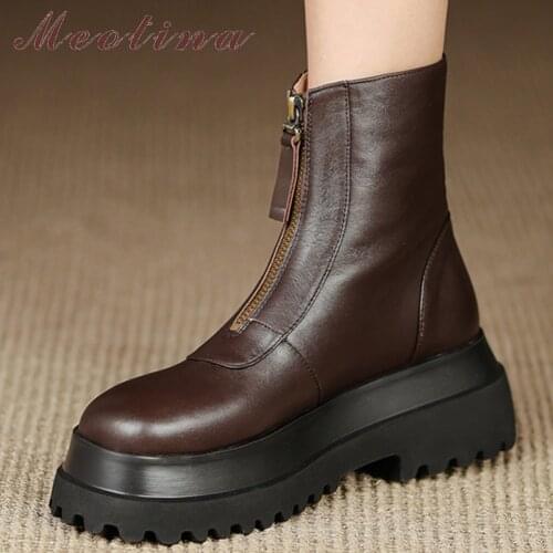 Meotina Women Shoes Genuine Leather Ankle Boots Platform Flat Boots Round Toe Zipper Ladies Footwear Autumn Winter 34-40 Brown