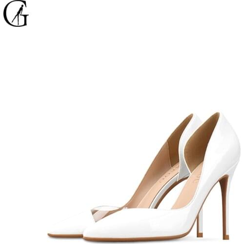 Goxeou Womens Pumps Patent Leather Transparent White Pointed Toe High Heels Party Sexy Fashion Office Lady Shoes Size 32-46