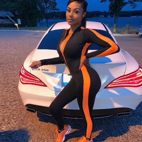Fitness Jumpsuit Sporty Rompers Womens Jumpsuit 2019 Workout Patchwork Zipper Long Sleeve Jumpsuits Activewear Autumn