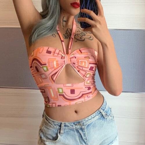 Geometric Print Y2K Aesthetic Sexy Camis Women Summer Cute Hollow Out Crop Tops Skinny Retro Fashion Shirts Tees