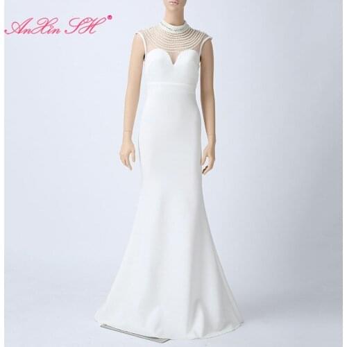 AnXin SH vintage white satin mermaid evening dress Princess o neck beading pearls red illusion trumpet black evening dress 1498