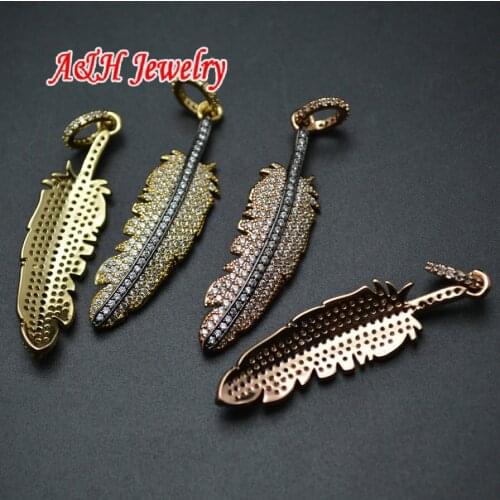 2pcs High Quality Rhinestone Paved Copper Feather Leaves Rose Gold Color Pendants For Fashion Women Jewelry Making Materials