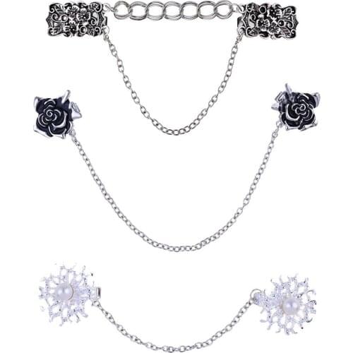 3Pcs/Set Antique Flowers Faux Pearl Women Cardigan Collar Dress Shawl Chain Clip hot