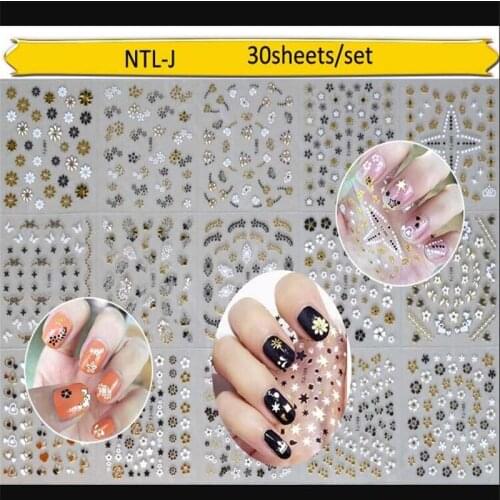 30 Sheets 3D Design Nail Art Star Stickers Decal Manicure Golden Black Flowers Decals For Children/Christmas 3D Nail Sticker #45