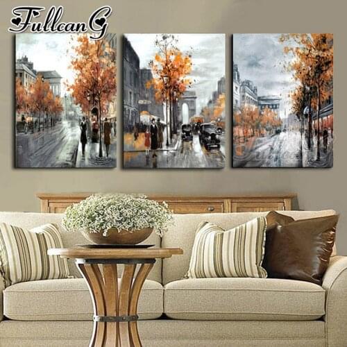 FULLCANG 5d diy diamond embroidery abstract street landscape diamond painting triptych full square round drill home decor FC2849