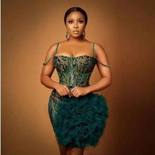 Aso Ebi African Dark Green Short Prom Dresses Sexy Spaghetti Plus Size Ruffles Tulle Evening cocktail party Gowns Zipper Back