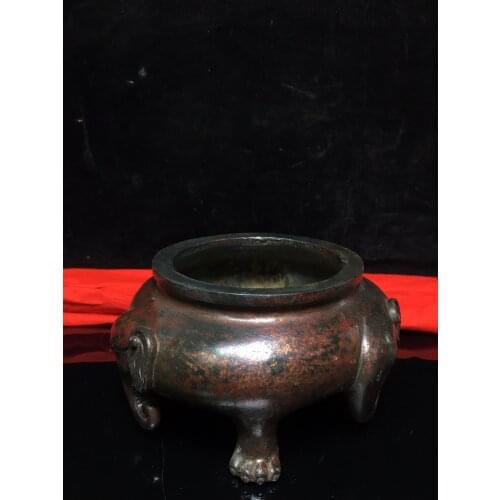 6" Tibet Buddhism Old Bronze Cinnabar Elephant head Incense incense burner Town House Exorcism Ward off evil spirits