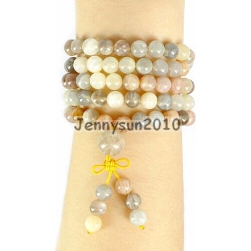 Natural Sunstone 8mm Gem Stone Buddhist 108 Beads Prayer Mala Multi-Purpose Stretchy Bracelet Necklace 2Strands/Pack