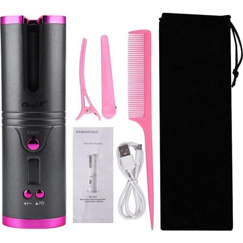 CkeyiN Cordless Auto Hair Curler Automatic Rotating Curling Iron Rechargeable Ceramic Barrel 6 Temperature Timer LCD Digital 50