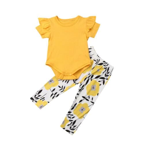 Boutique girl clothes Newborn Baby Girls Tops Ruffles Short Sleeve Bodysuit Jumpsuit Flower Pants Leggings 2pcs Outfits