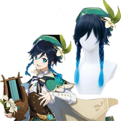 Genshin Impact Venti Gradient Blue Short Braided Cosplay Heat Resistant Synthetic Hair Halloween Carnival Party + Free Wig Cap