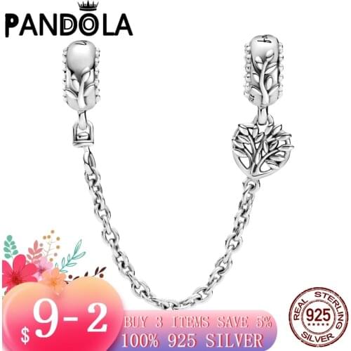 Hot 100% 925 Sterling SILVER charms Heart Family Tree Safety Chain Charm fit Original Pandora Bracelet silver 925 jewelry