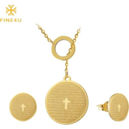FINE4U N059 Spain Bible Lords Prayer Cross Necklaces Earrings Set 316L Stainless Steel Religious Jewelry Sets For Women